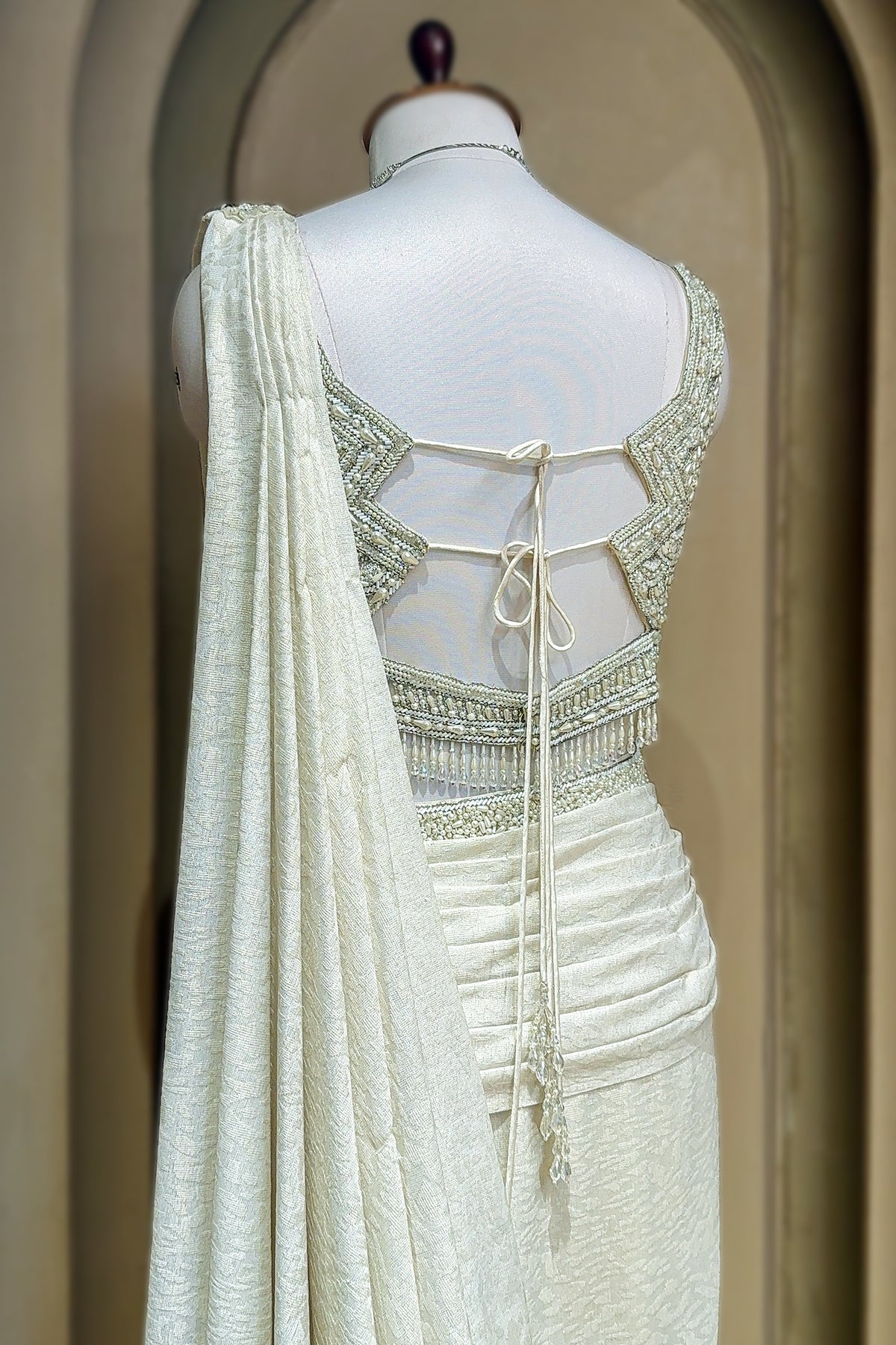 Off White Imported Lycra Readymade Saree with Cutdana and Diamond Work - white saree