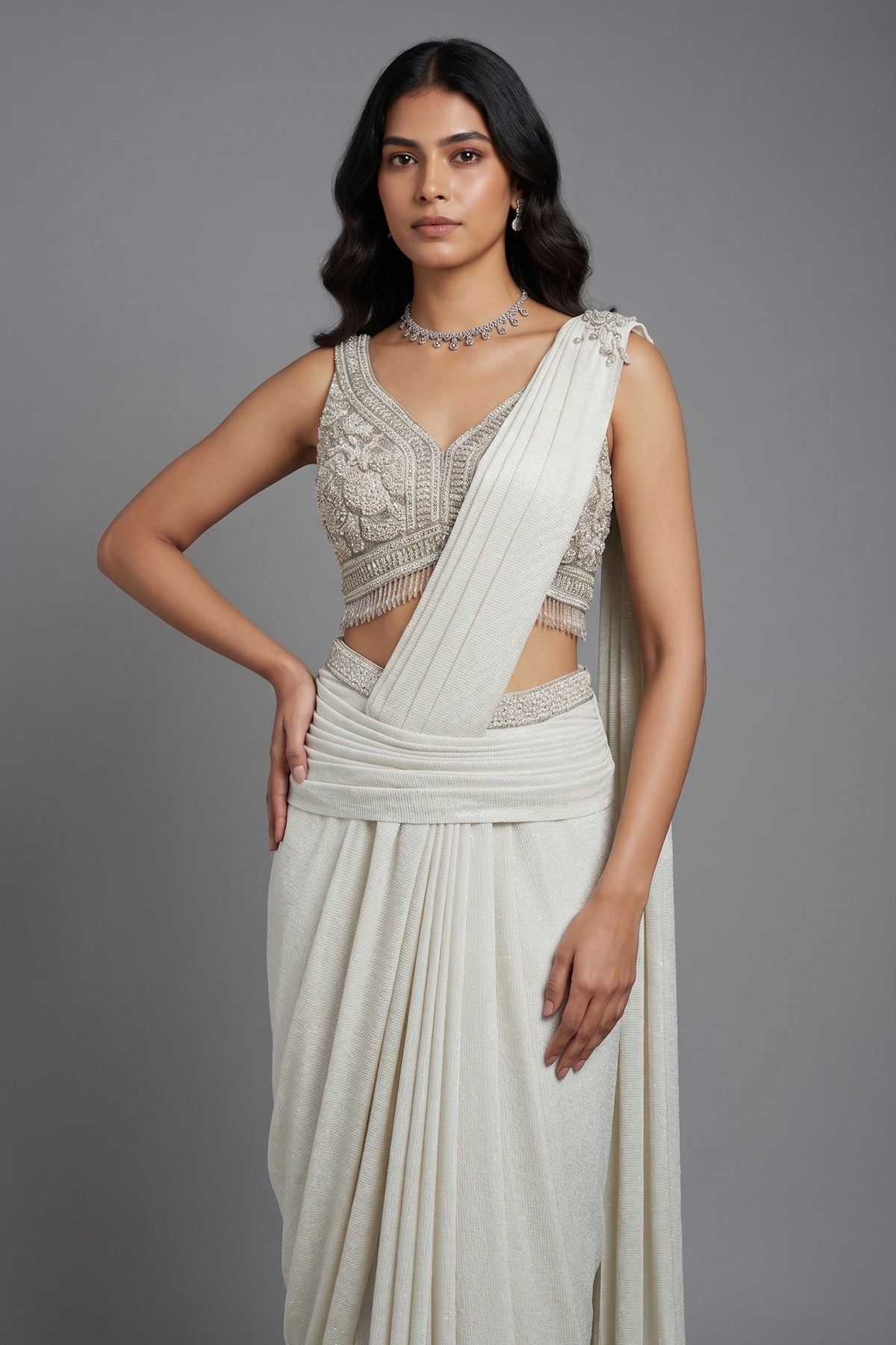 Off White Imported Lycra Readymade Saree with Cutdana and Diamond Work - white saree