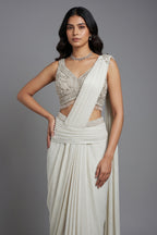 Off White Imported Lycra Readymade Saree with Cutdana and Diamond Work - white saree