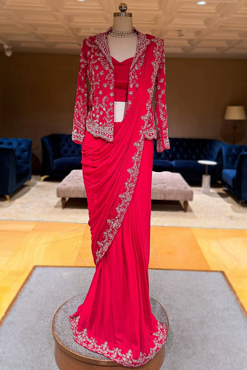 Pink Chiffon Chinon Zardosi and Cutdana Worked Readymade Saree with Jacket