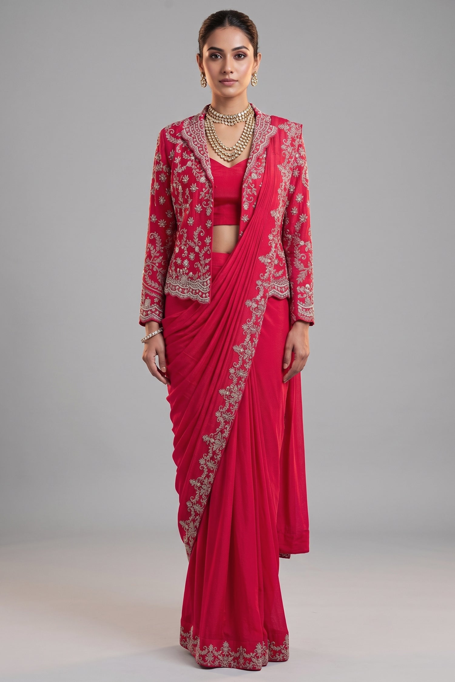 Pink Chiffon Chinon Zardosi and Cutdana Worked Readymade Saree with Jacket Main image