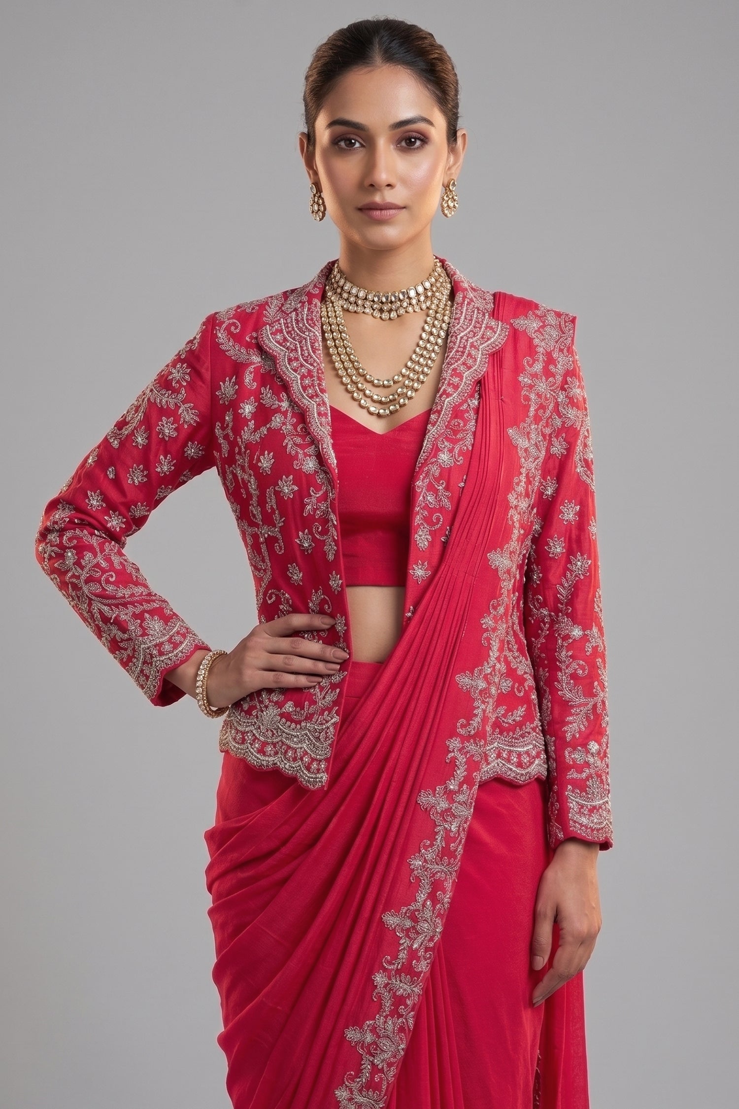 Pink Chiffon Chinon Zardosi and Cutdana Worked Readymade Saree with Jacket Secondary image