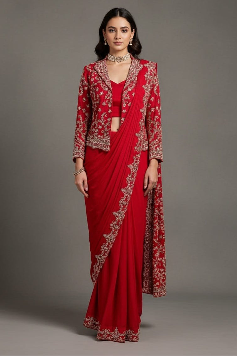 Red Chiffon Chinon Zardosi and Cutdana Worked Readymade Saree with Jacket - red chiffon saree