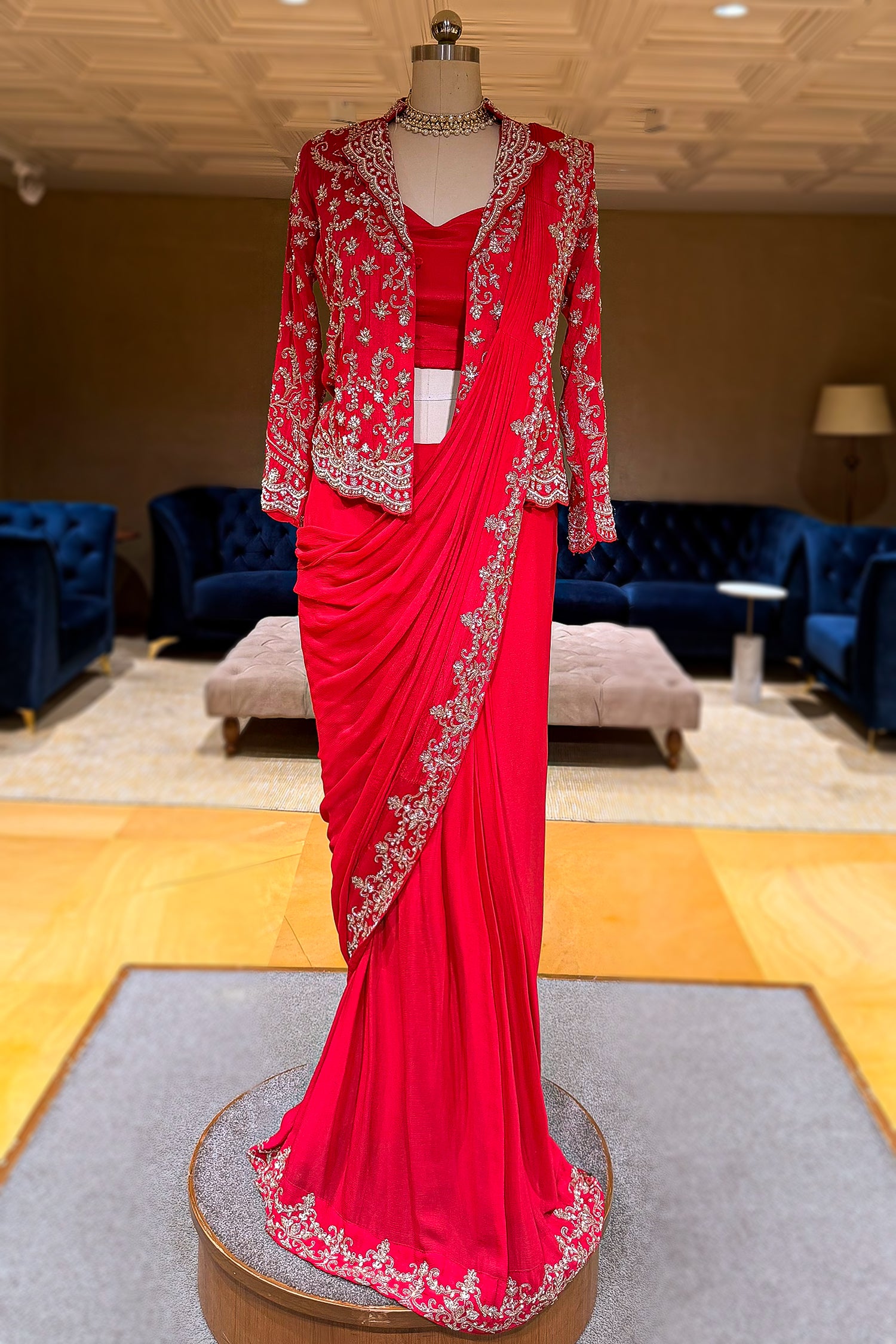 Red Chiffon Chinon Zardosi and Cutdana Worked Readymade Saree with Jacket - red chiffon saree