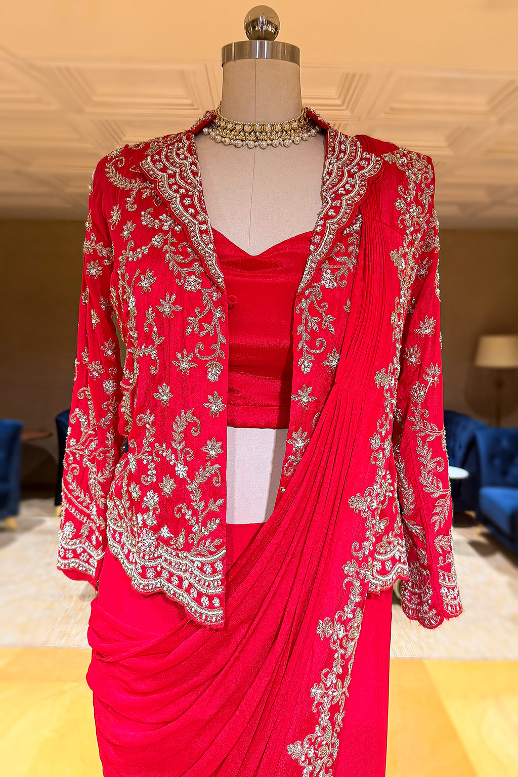 Red Chiffon Chinon Zardosi and Cutdana Worked Readymade Saree with Jacket - red chiffon saree