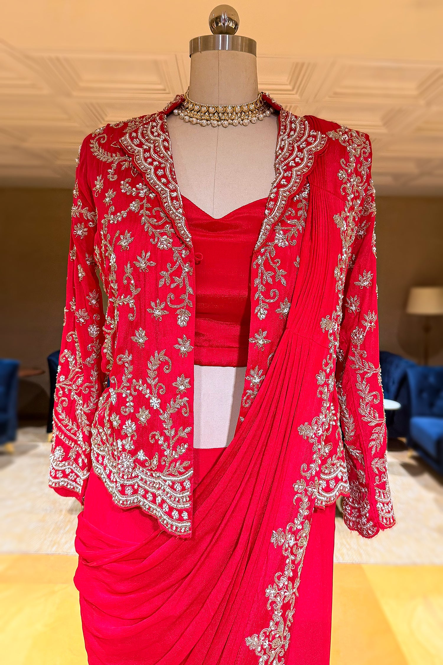 Red Chiffon Chinon Zardosi and Cutdana Worked Readymade Saree with Jacket - red chiffon saree