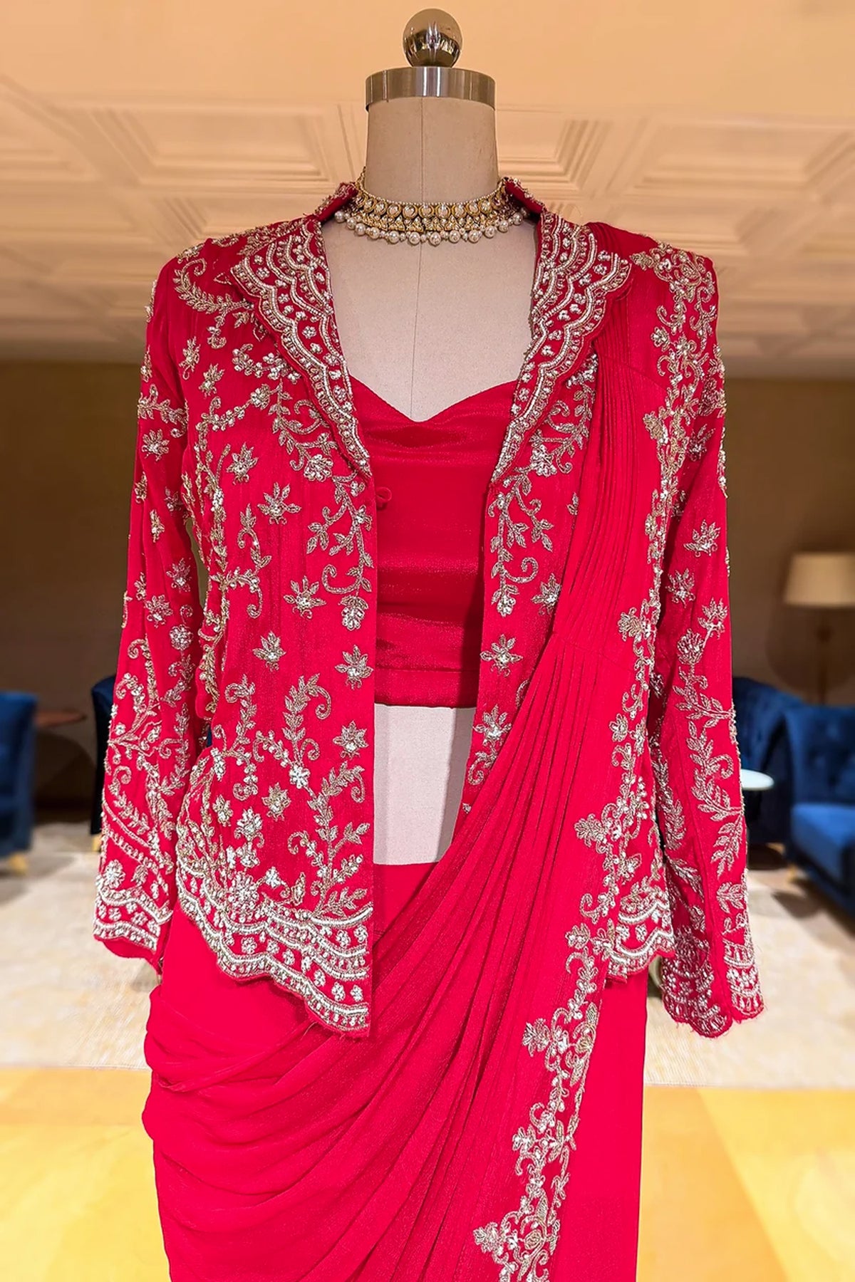 Pink Chiffon Chinon Zardosi and Cutdana Worked Readymade Saree with Jacket