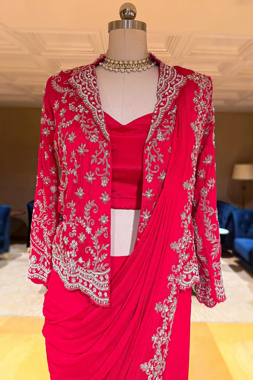 Pink Chiffon Chinon Zardosi and Cutdana Worked Readymade Saree with Jacket