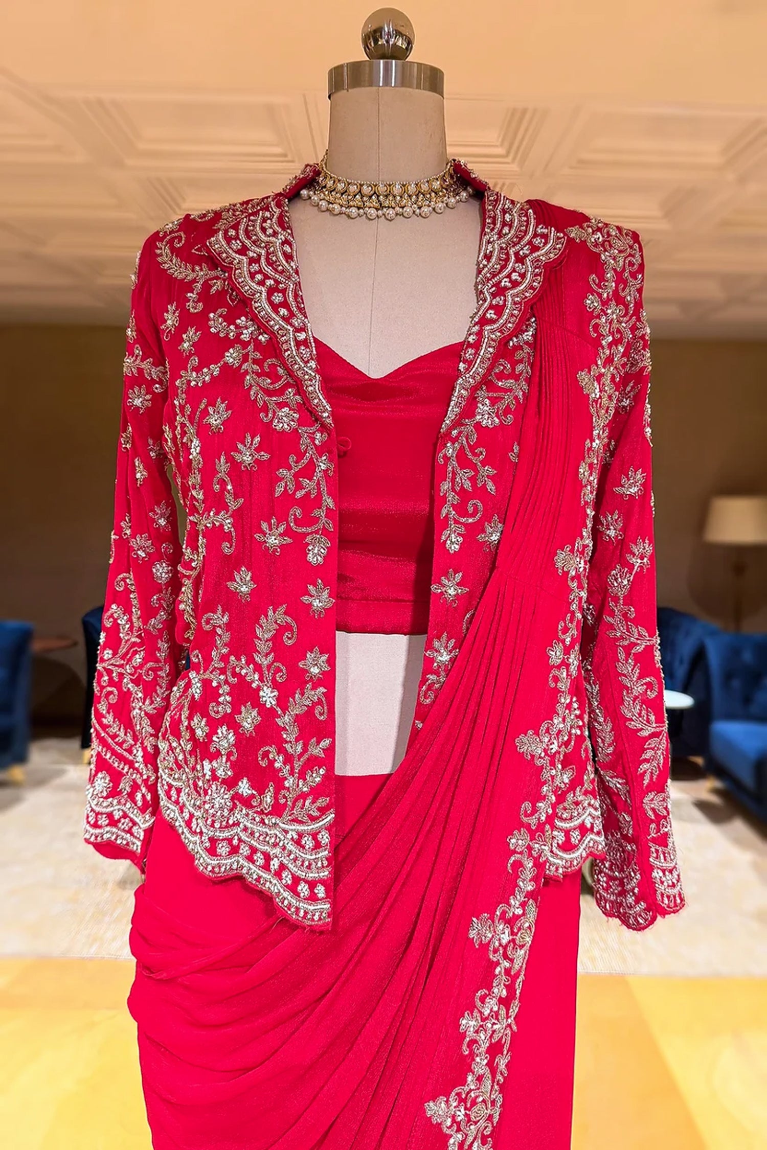 Pink Chiffon Chinon Zardosi and Cutdana Worked Readymade Saree with Jacket