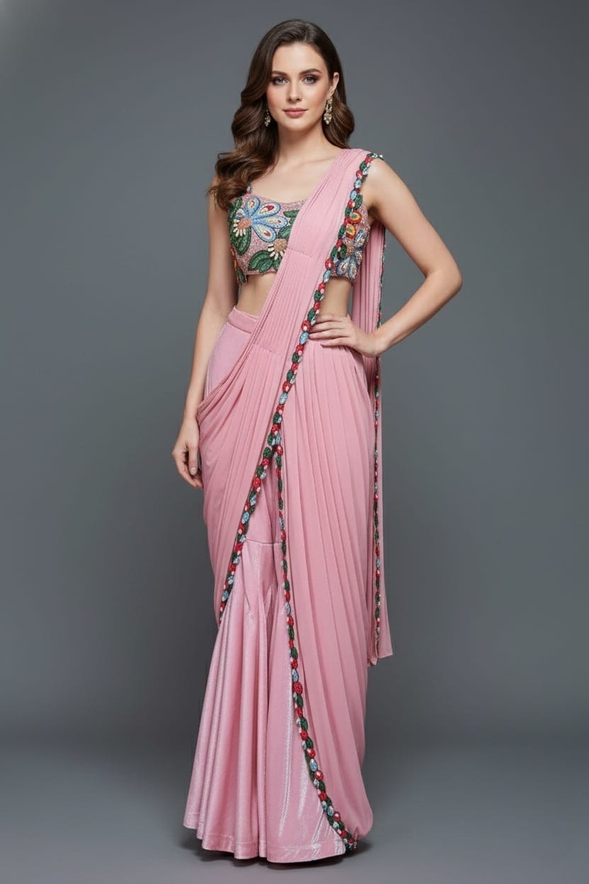 Pink Lycra Net Readymade Saree with Beaded and Cutdana Work - pink net saree
