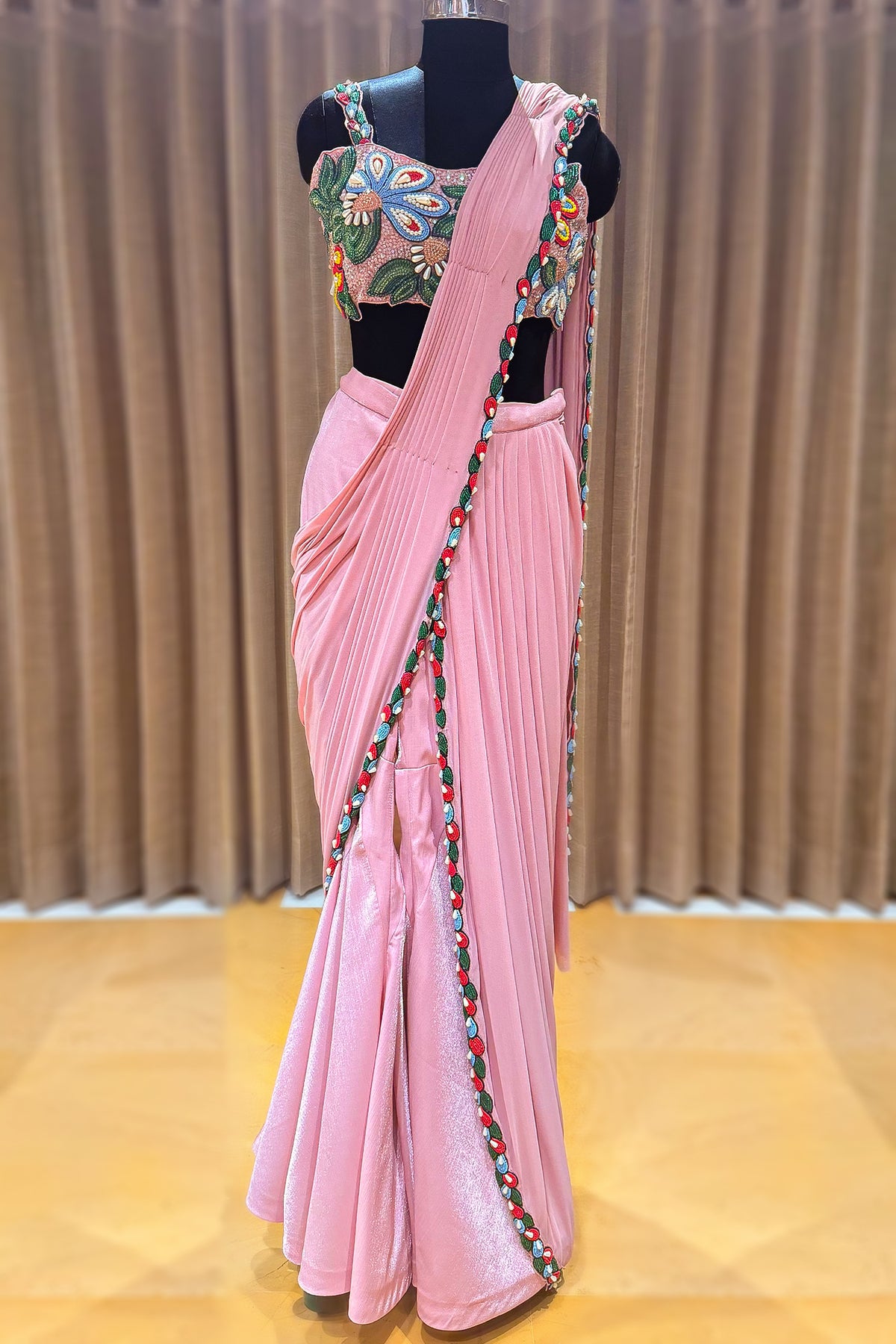 Pink Lycra Net Readymade Saree with Beaded and Cutdana Work - pink net saree