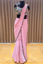 Pink Lycra Net Readymade Saree with Beaded and Cutdana Work - pink net saree