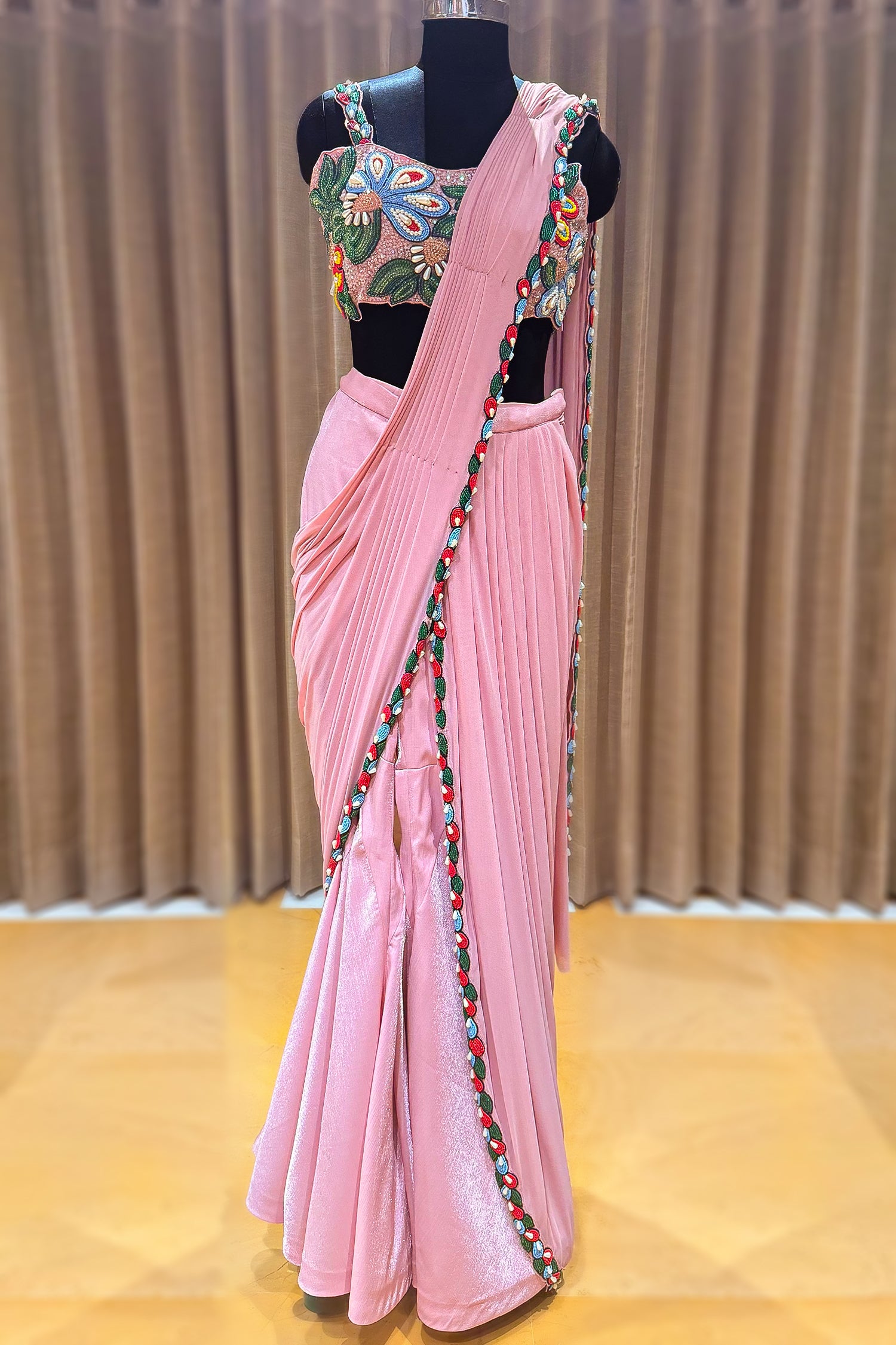 Pink Lycra Net Readymade Saree with Beaded and Cutdana Work - pink net saree