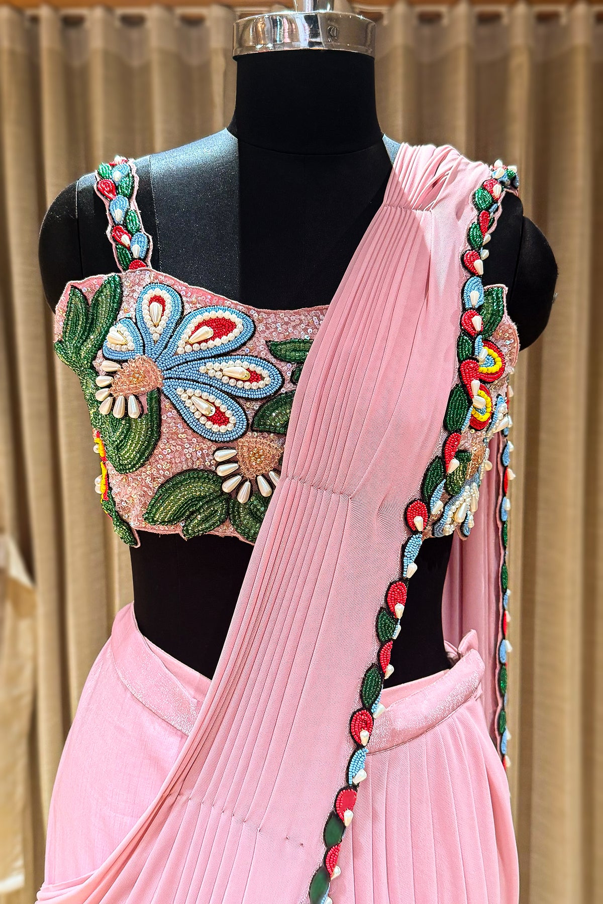 Pink Lycra Net Readymade Saree with Beaded and Cutdana Work - pink net saree