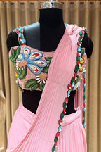Pink Lycra Net Readymade Saree with Beaded and Cutdana Work - pink net saree