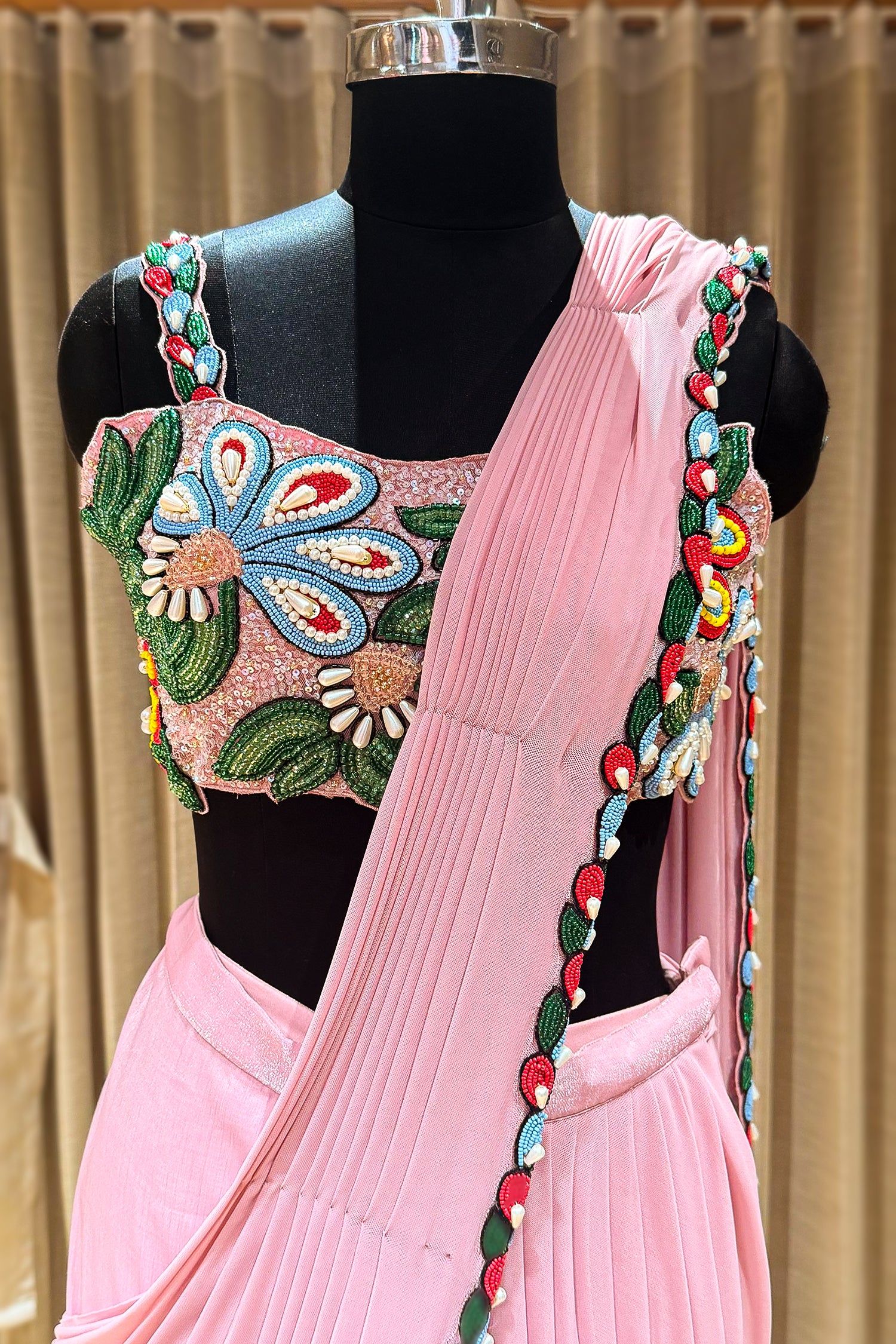 Pink Lycra Net Readymade Saree with Beaded and Cutdana Work - pink net saree
