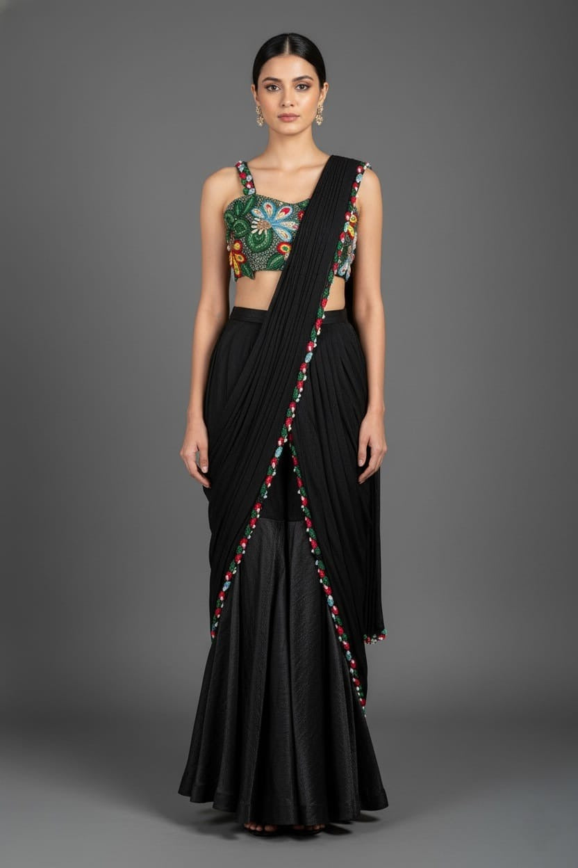 Black Lycra Net Beaded and Cutdana Worked Readymade Saree - black net saree