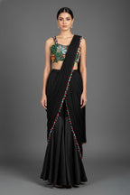 Black Lycra Net Beaded and Cutdana Worked Readymade Saree - black net saree