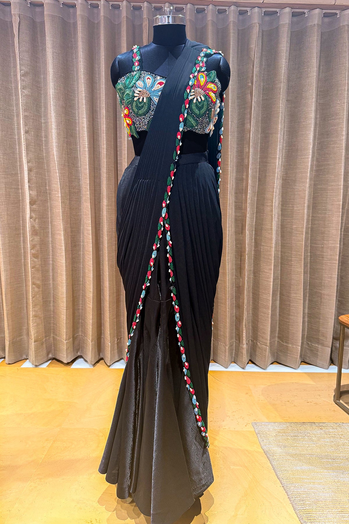 Black Lycra Net Beaded and Cutdana Worked Readymade Saree - black net saree