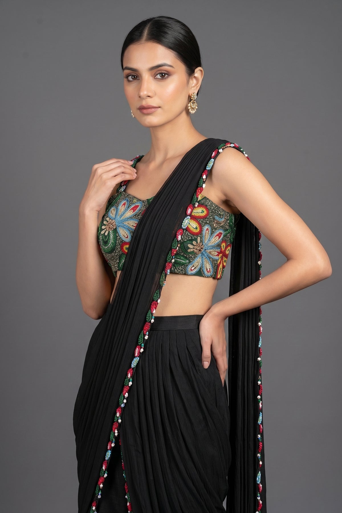 Black Lycra Net Beaded and Cutdana Worked Readymade Saree - black net saree