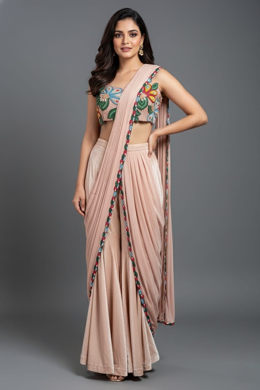 Light Peach Shiny Silk Sharara Style Readymade Saree with Cutdana and Beaded Work - peach silk saree