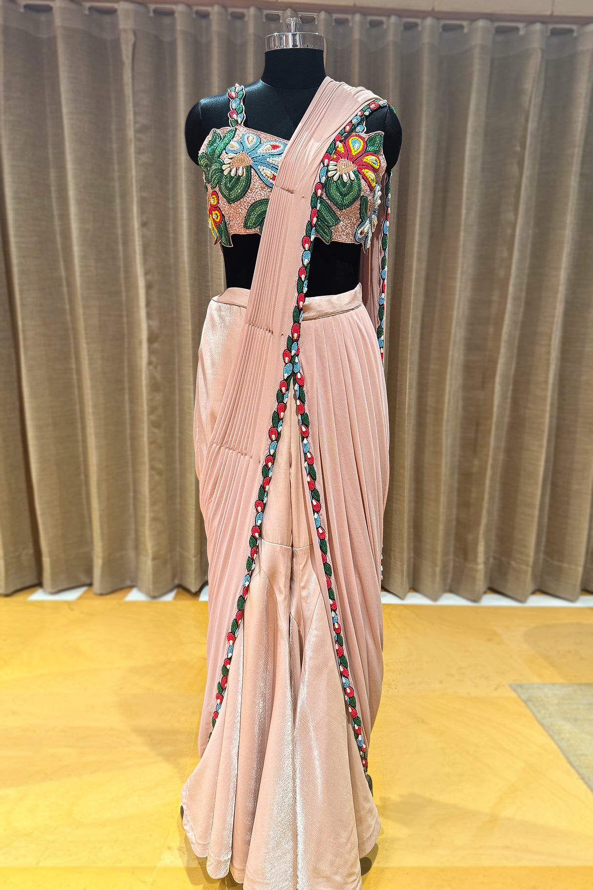 Light Peach Shiny Silk Sharara Style Readymade Saree with Cutdana and Beaded Work - peach silk saree