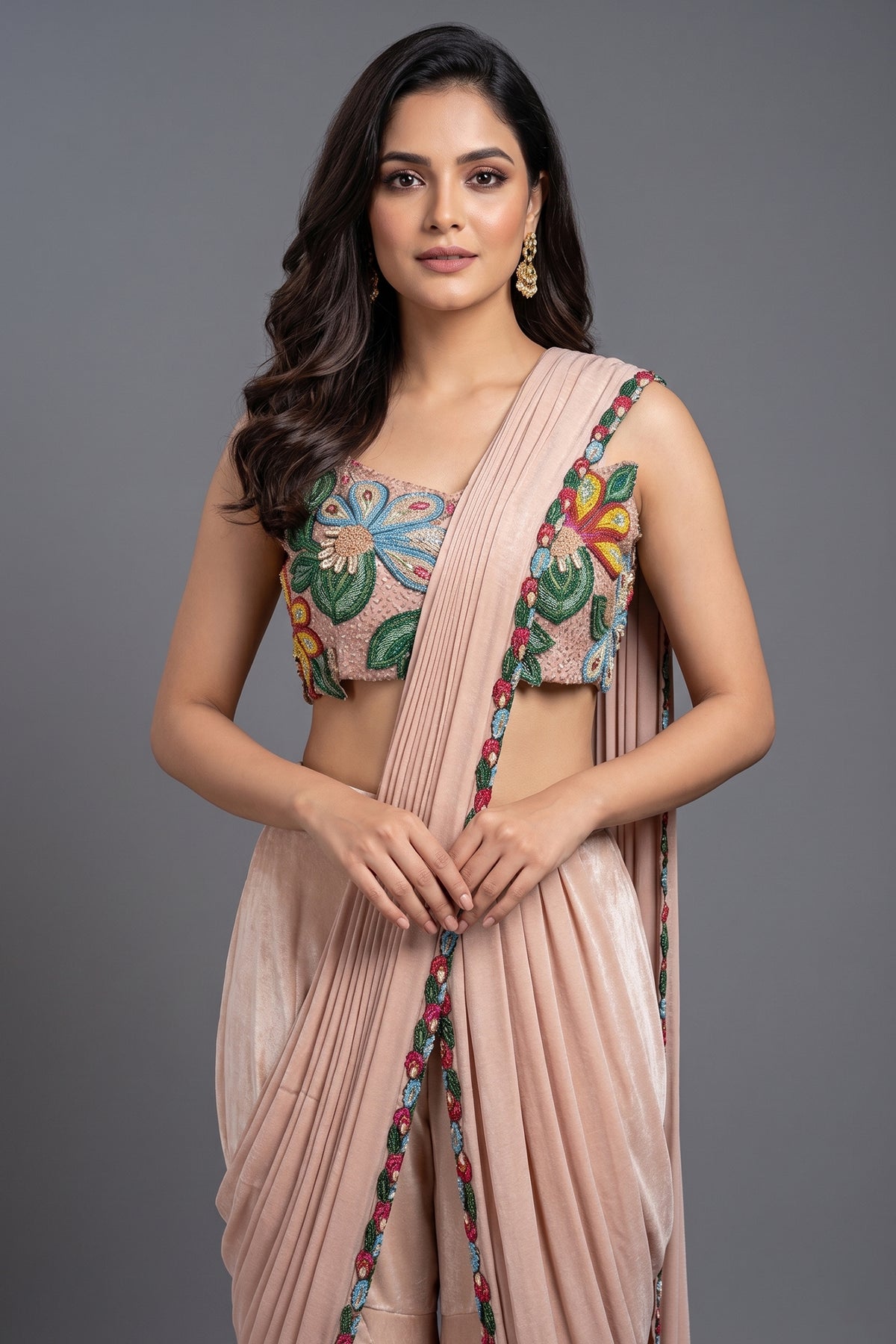Light Peach Shiny Silk Sharara Style Readymade Saree with Cutdana and Beaded Work - peach silk saree