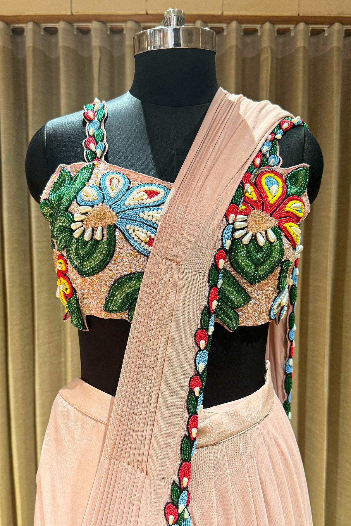 Light Peach Shiny Silk Sharara Style Readymade Saree with Cutdana and Beaded Work - peach silk saree
