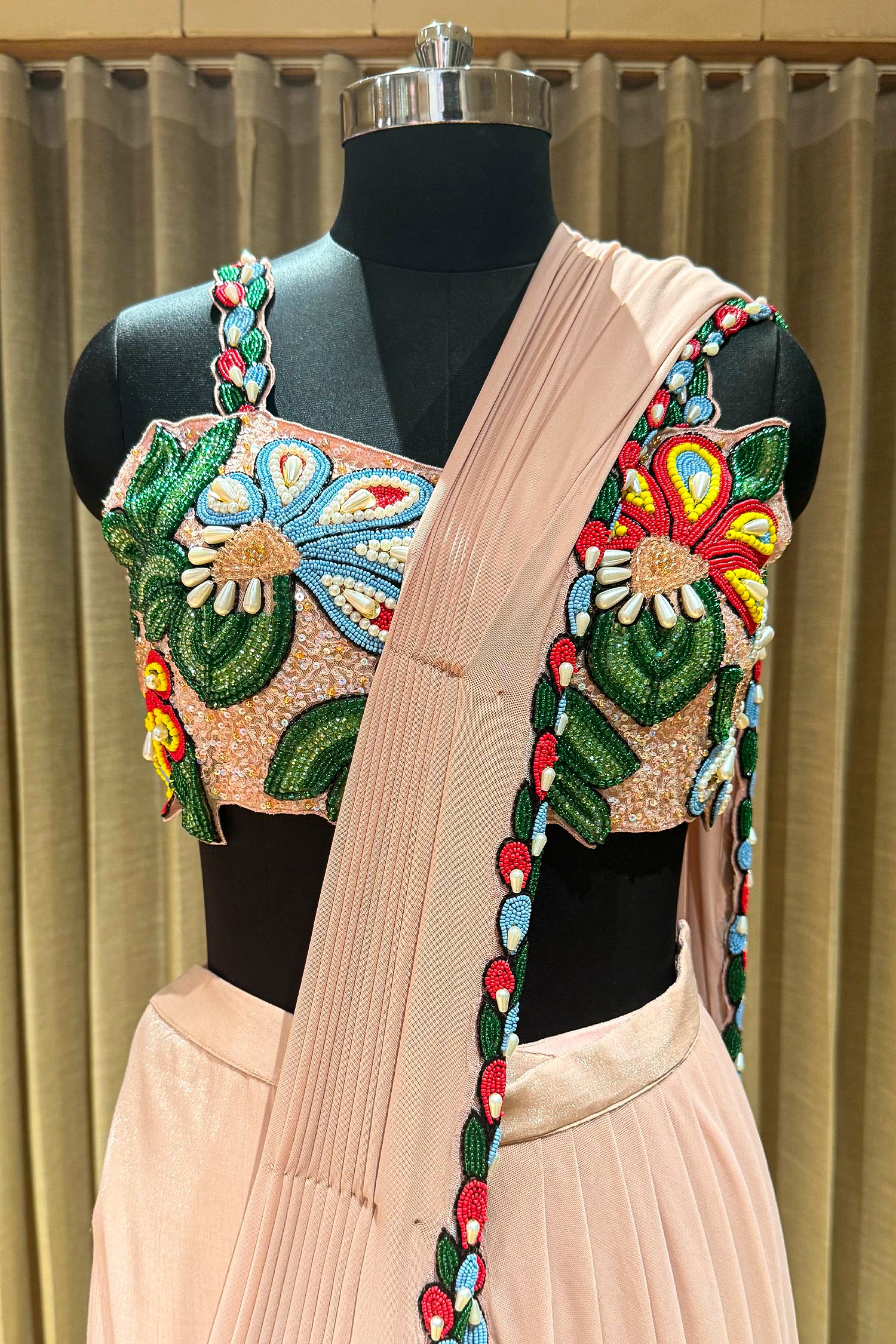 Light Peach Shiny Silk Sharara Style Readymade Saree with Cutdana and Beaded Work - peach silk saree