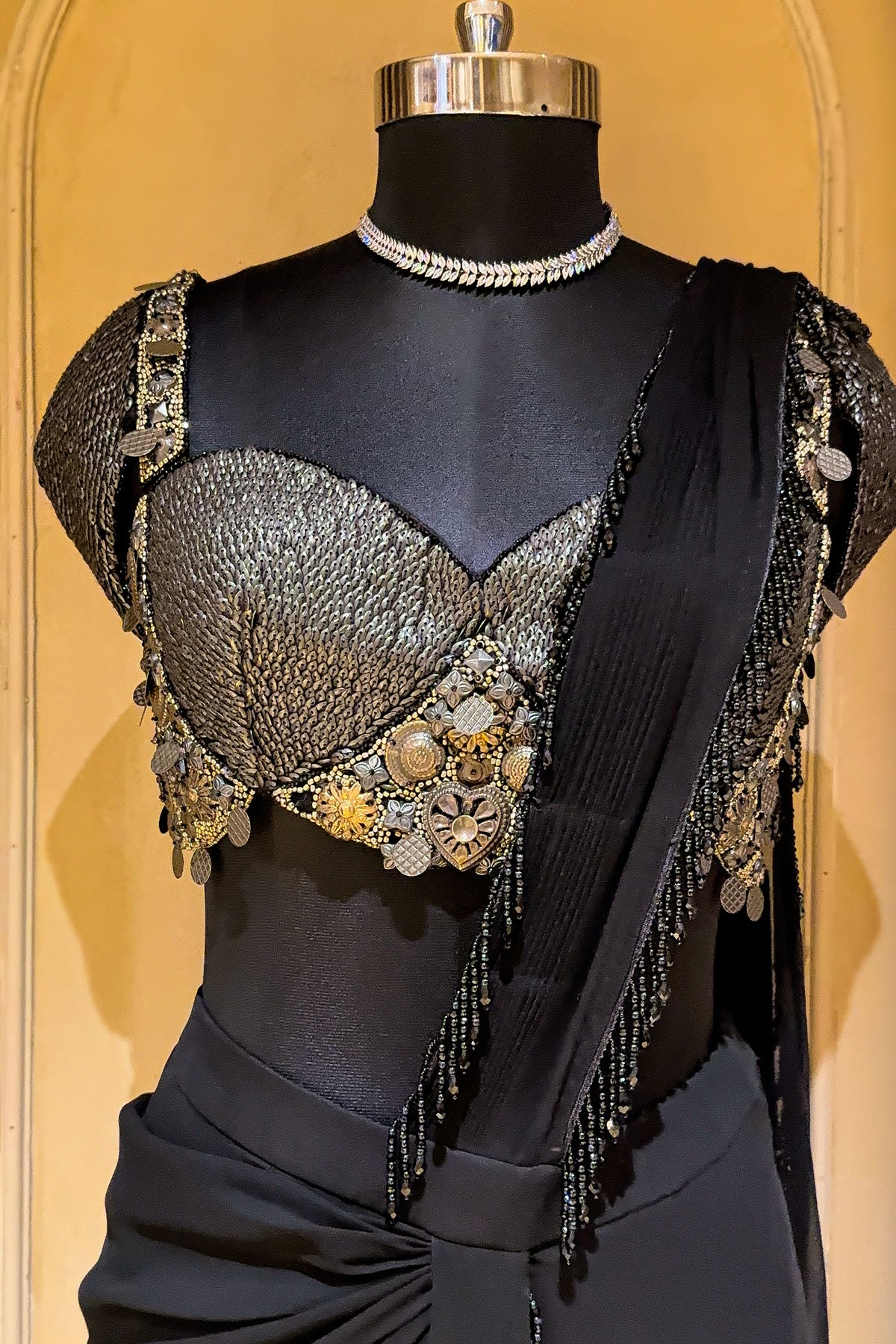 Black Georgette Readymade Saree with Statement Embellished Blouse - black georgette saree