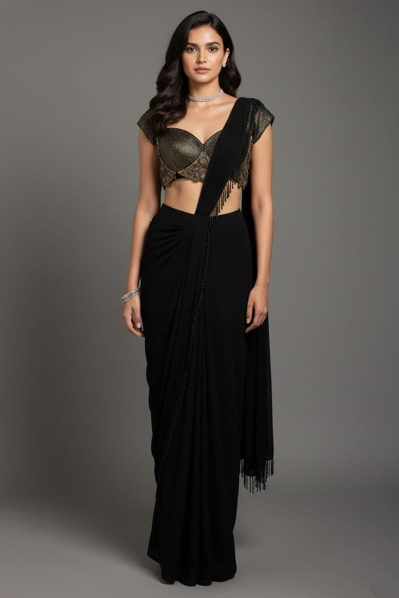 Black Georgette Readymade Saree with Statement Embellished Blouse - black georgette saree Main image