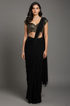 Black Georgette Readymade Saree with Statement Embellished Blouse - black georgette saree