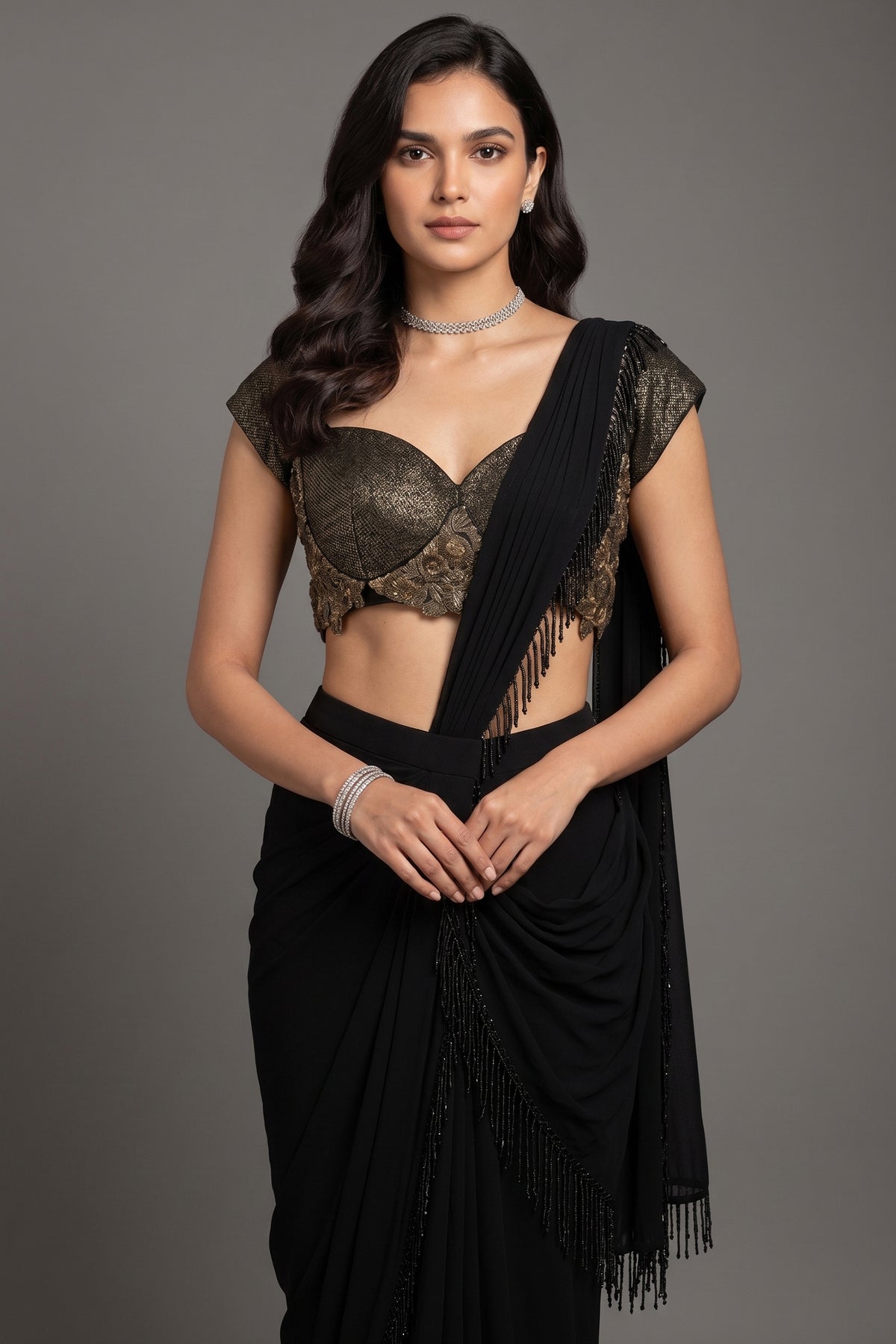 Black Georgette Readymade Saree with Statement Embellished Blouse - black georgette saree