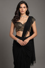 Black Georgette Readymade Saree with Statement Embellished Blouse - black georgette saree