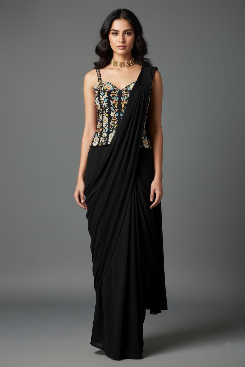 Black Satin Crepe Readymade Saree with Embroidered Sequin Corset - red satin saree embroidered Main image