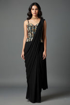 Black Satin Crepe Readymade Saree with Embroidered Sequin Corset - red satin saree embroidered