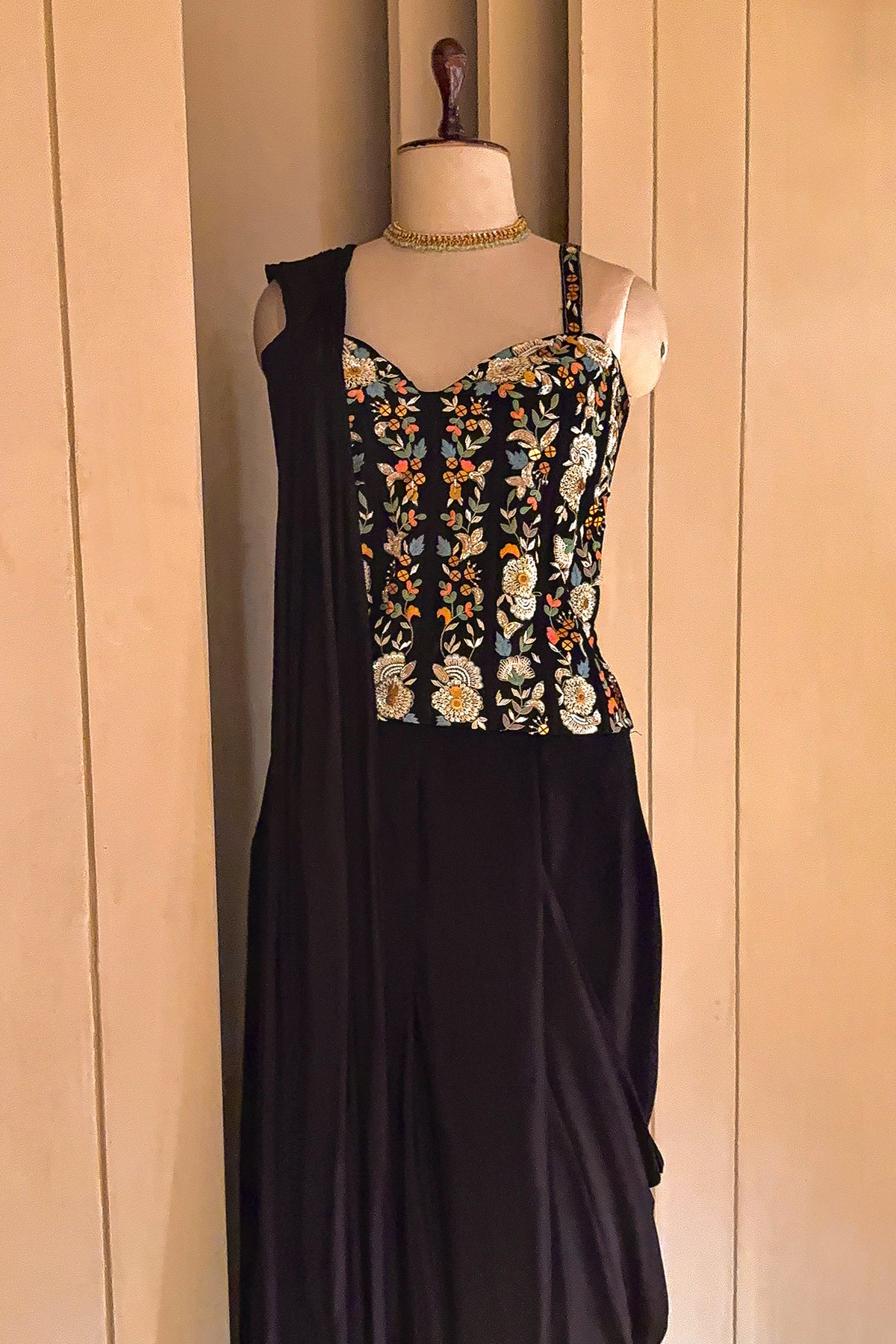 Black Satin Crepe Readymade Saree with Embroidered Sequin Corset