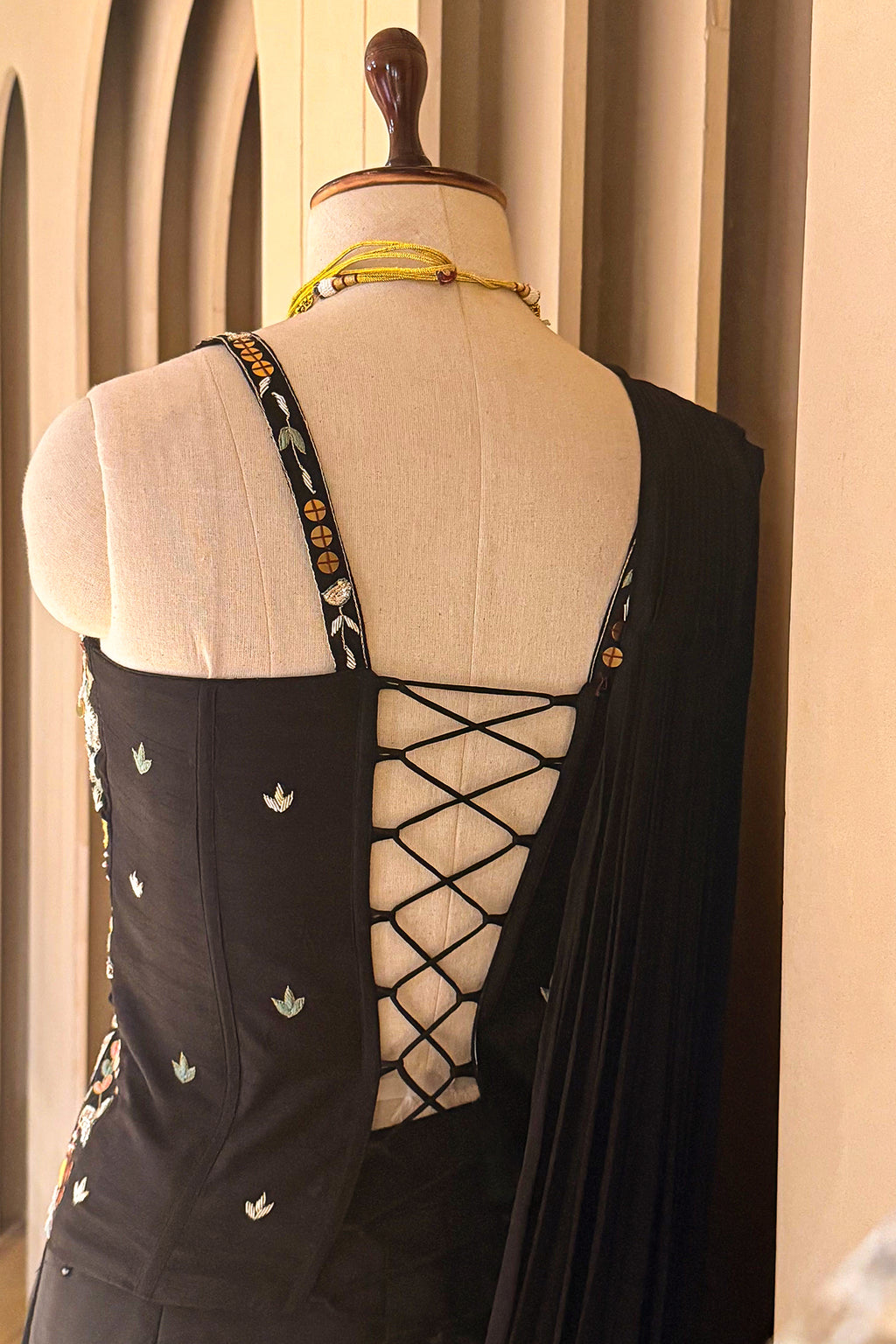 Black Satin Crepe Readymade Saree with Embroidered Sequin Corset - red satin saree embroidered