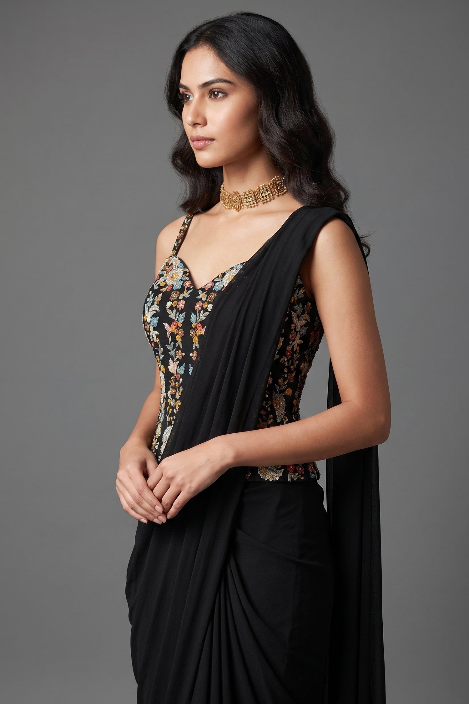 Black Satin Crepe Readymade Saree with Embroidered Sequin Corset - red satin saree embroidered