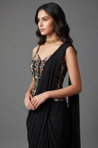 Black Satin Crepe Readymade Saree with Embroidered Sequin Corset - red satin saree embroidered