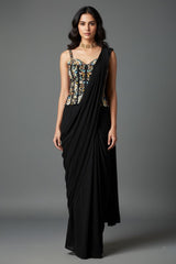 Black Satin Crepe Readymade Saree with Embroidered Sequin Corset
