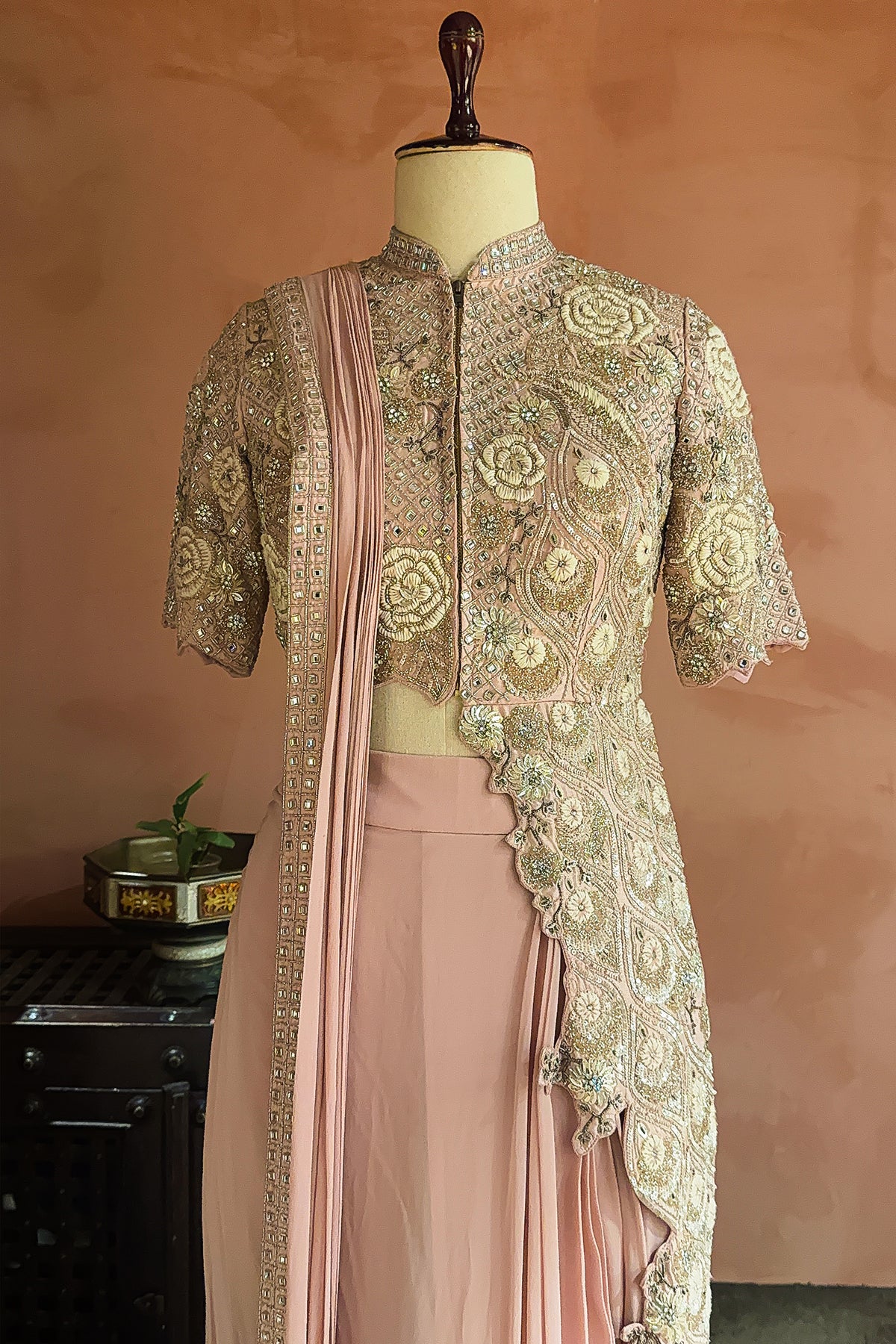 Pink Silk Mirror Cutdana Worked Pre Draped Saree with Asymmetrical Blouse - pink silk saree