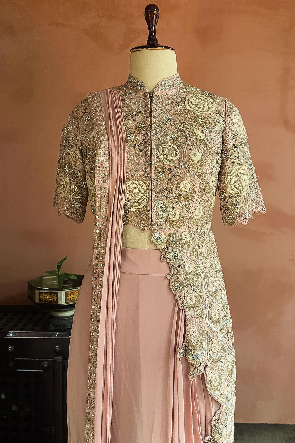 Pink Silk Mirror Cutdana Worked Pre Draped Saree with Asymmetrical Blouse - pink silk saree