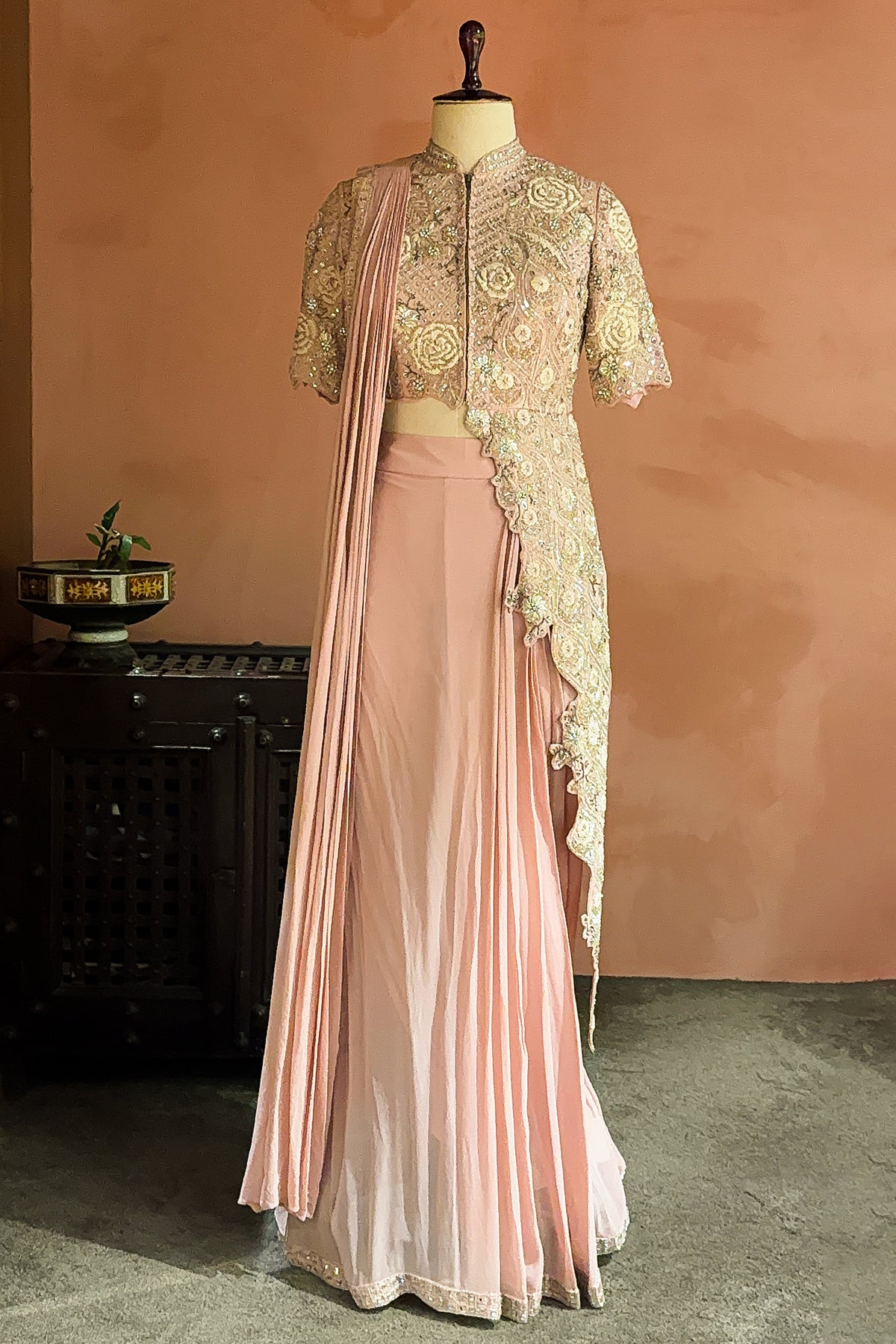 Pink Silk Mirror Cutdana Worked Pre Draped Saree with Asymmetrical Blouse - pink silk saree