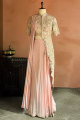 Pink Silk Mirror Cutdana Worked Pre Draped Saree with Asymmetrical Blouse