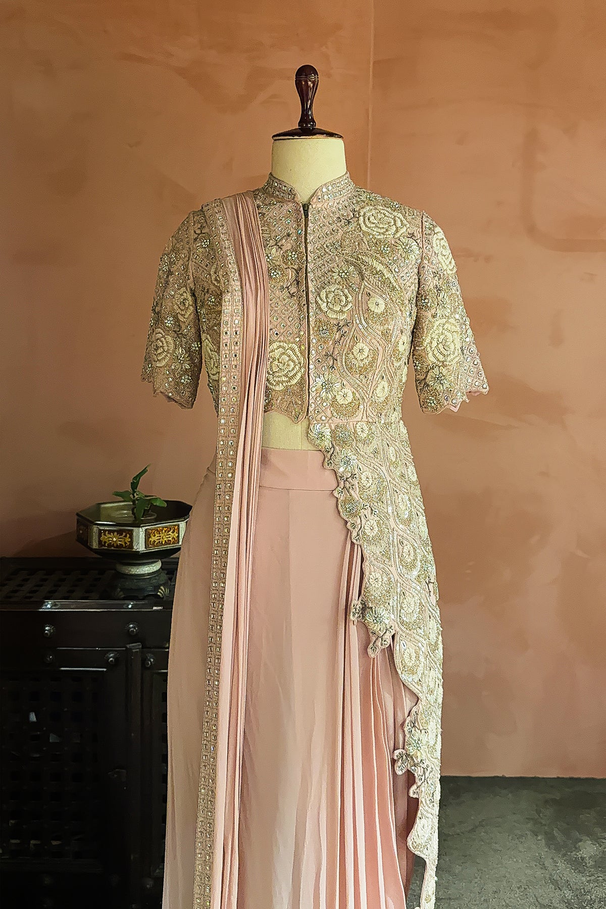 Pink Silk Mirror Cutdana Worked Pre Draped Saree with Asymmetrical Blouse - pink silk saree