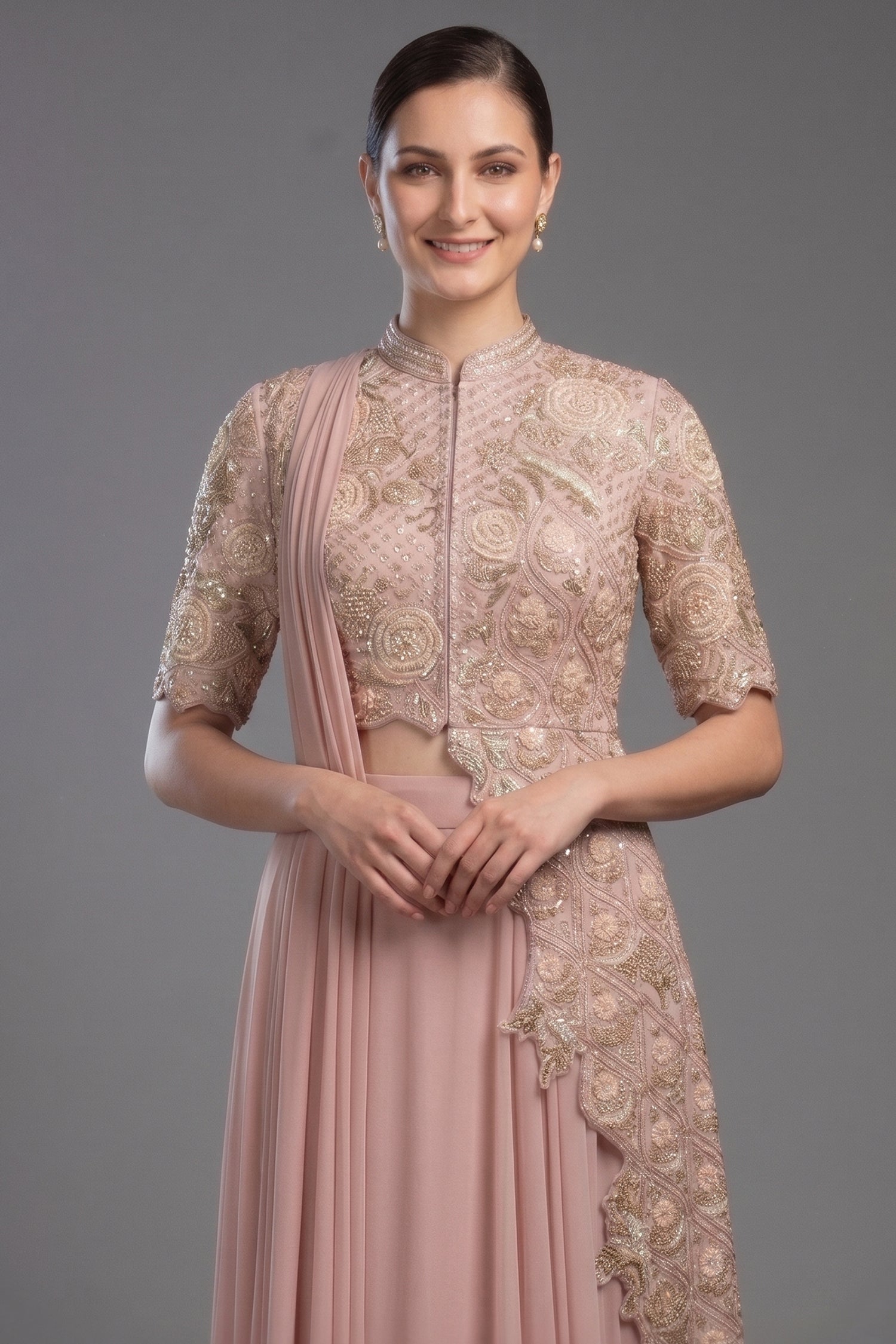 Pink Silk Mirror Cutdana Worked Pre Draped Saree with Asymmetrical Blouse Secondary image