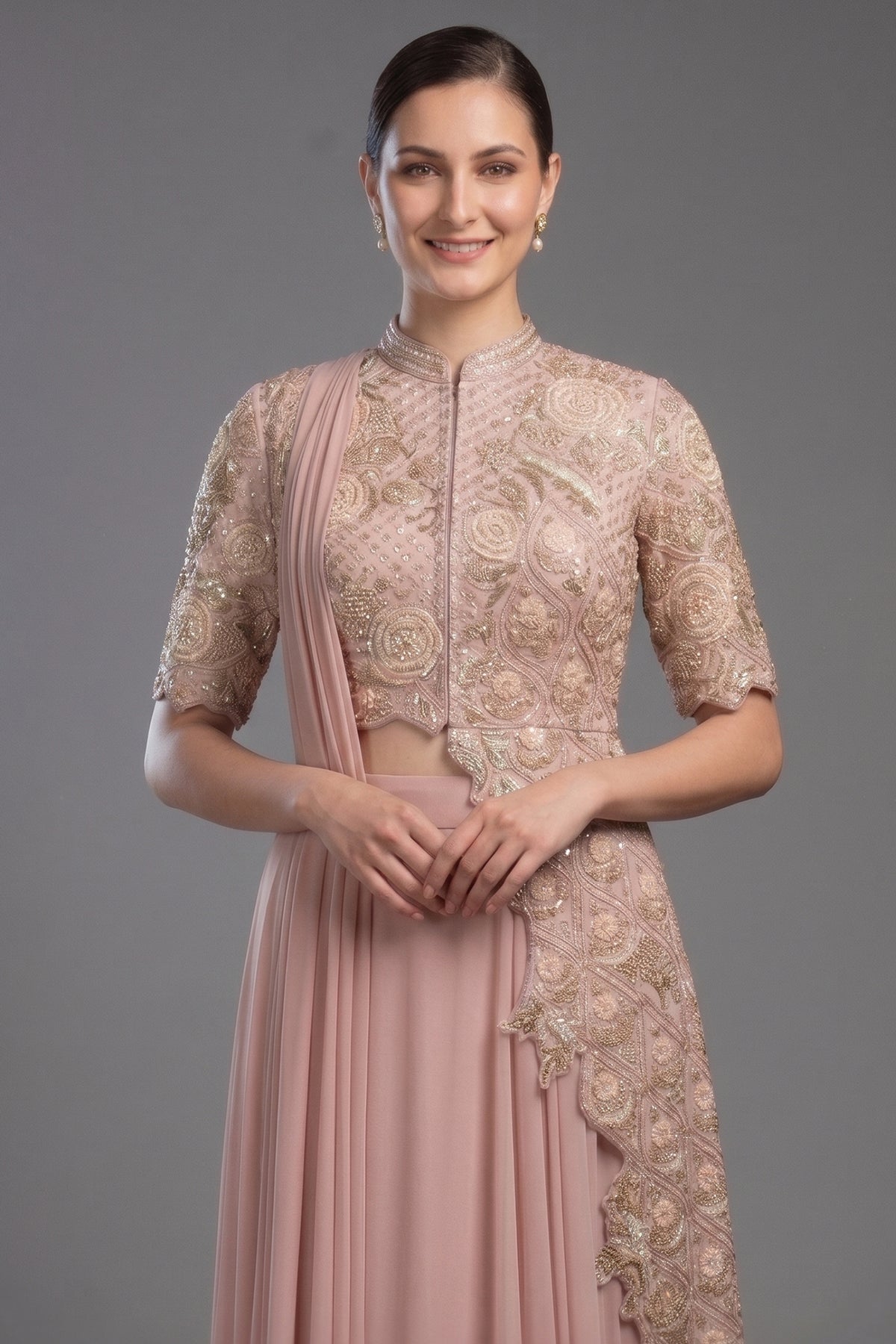 Pink Silk Mirror Cutdana Worked Pre Draped Saree with Asymmetrical Blouse - pink silk saree