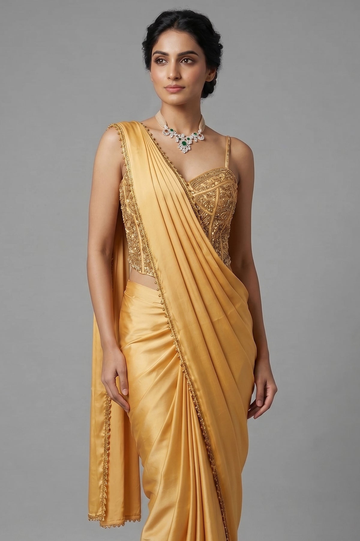 Yellow Crepe Silk Readymade Saree with Corset - yellow silk saree