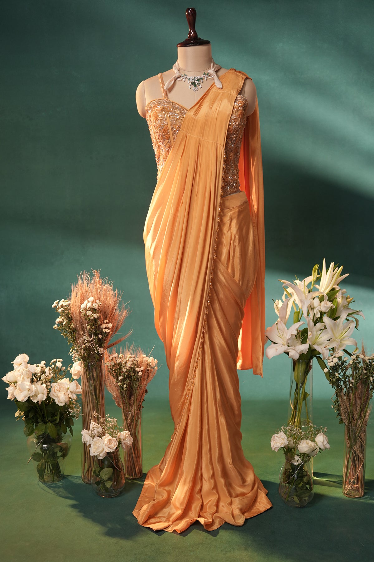 Yellow Crepe Silk Readymade Saree with Corset - yellow silk saree
